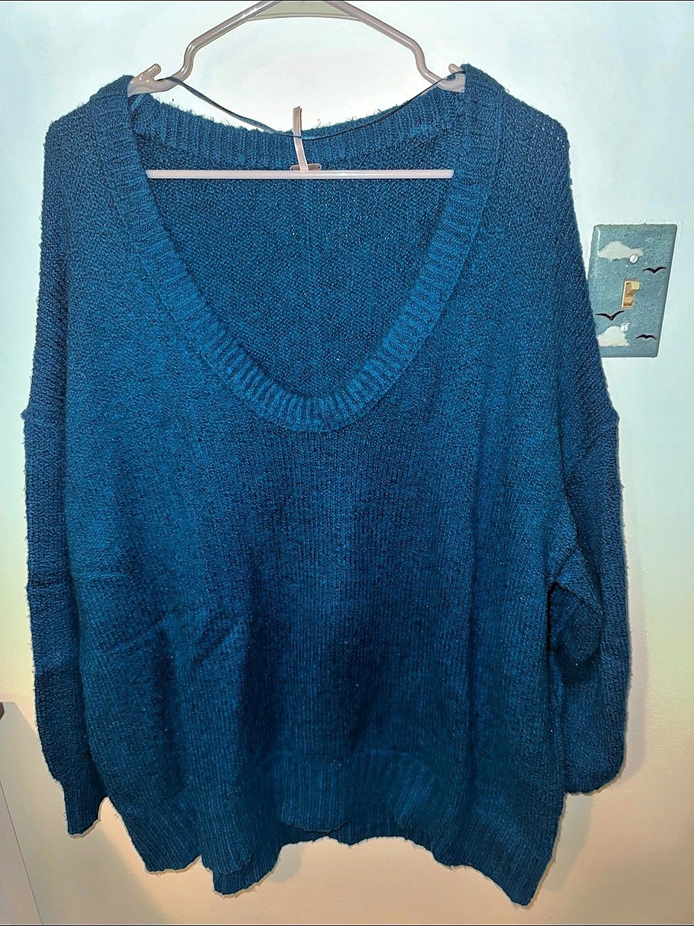 Free People Ottoman Slouchy Tunic Blue V-Neck Sweater